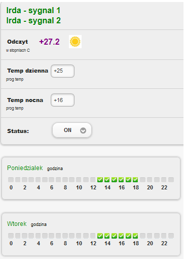 Termostat IR Sekcja umożliwia sterowanie urządzeniami z wykorzystaniem portu podczerwieni IRDA za pomocą ustawionej temperatury autotermostatu IRDA.