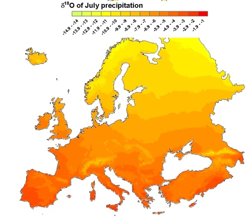 Ryc. 4. Wartość δ 18 O w opadach atmosferycznych zanotowanych w lipcu 2012 na obszarze Europy.waterisotopes.org 4.