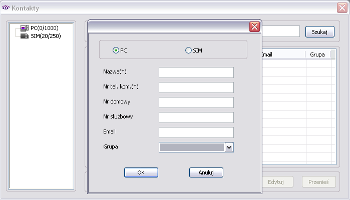 Tworzenie kontaktu W celu utworzenia nowego kontaktu kliknij Nowy Wybierz miejsce zapisania nowego kontaktu: PC lub SIM Wpisz informację szczegółową oraz wybierz grupę kontaktów (domyślny wybór to