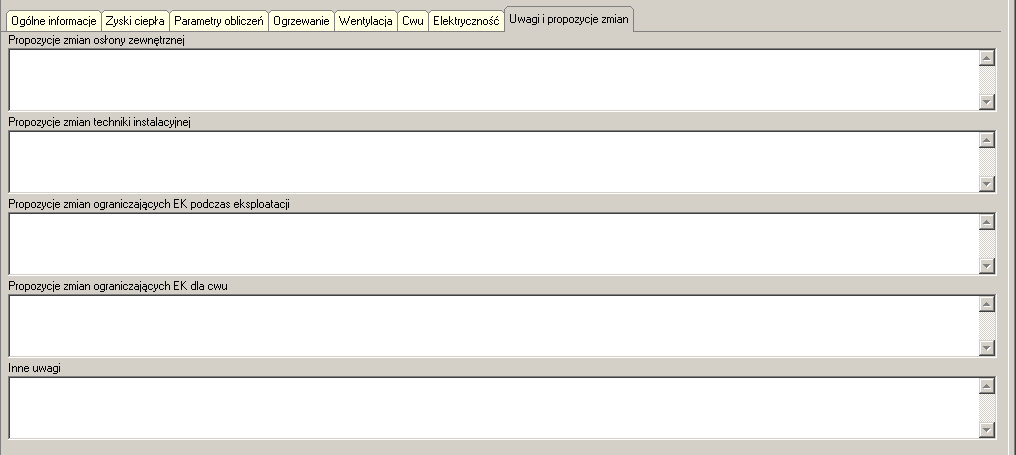Rys. 4.16. Zakładka Elektryczność. 4.9 Uwagi i propozycje zmian W ostatniej zakładce wpisuje się uwagi w zakresie możliwości zmniejszenia zapotrzebowania na energię końcową (rys. 4.17).
