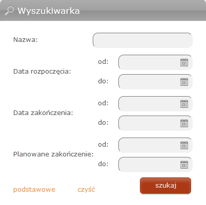 Rys. 6.2 Wyszukiwarka na liście projektów W prawym górnym rogu oraz w lewym dolnym rogu tabeli znajduje się przycisk Nowy uruchamiający funkcję dodawania nowego projektu.