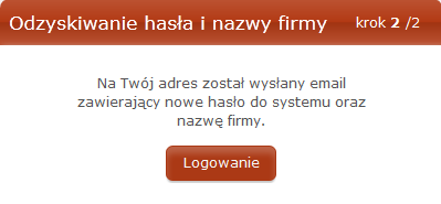 Rys. 1.5 Okno potwierdzające odzyskiwanie hasła W oknie tym poza odpowiednim komunikatem znajduje się również przycisk Logowanie, który przenosi użytkownika do strony logowania.