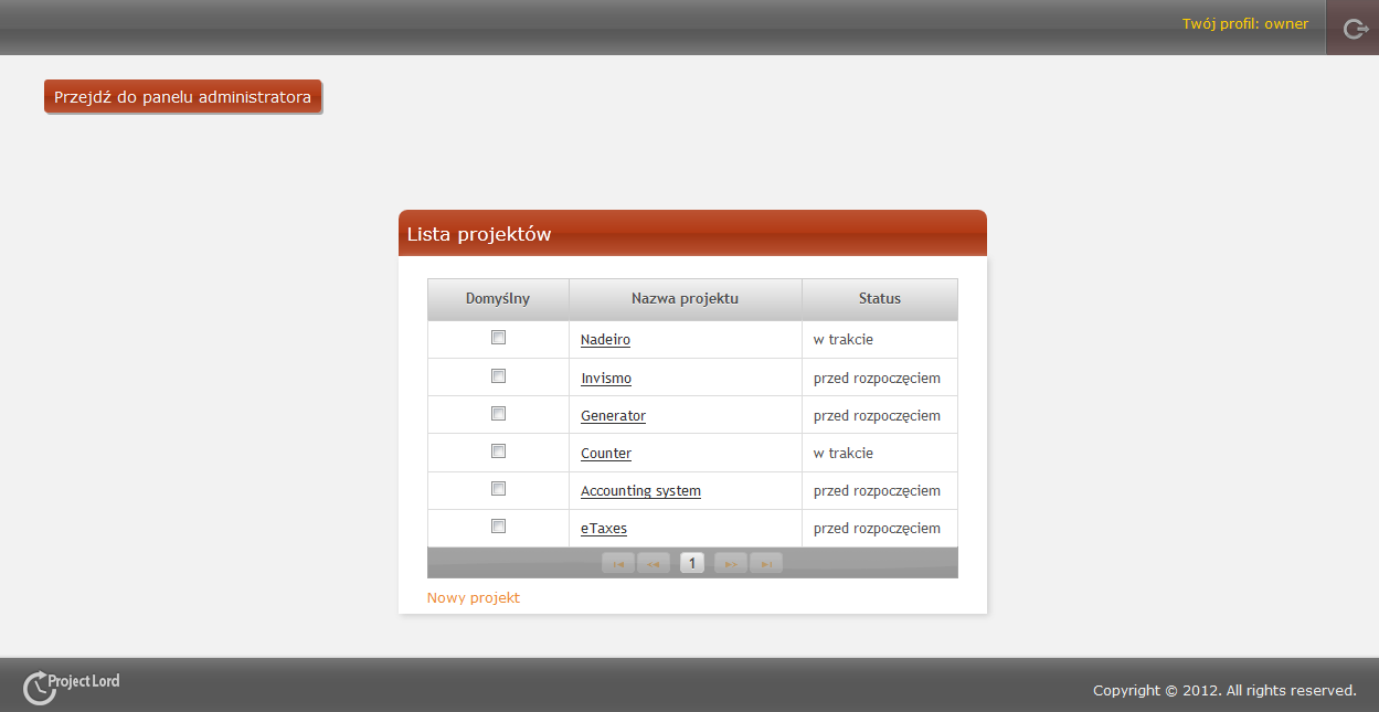 Rys. 1.6 Logowanie do projektu W centralnej części strony znajduje się panel z tabelą projektów, do których użytkownik został przypisany i może w nich pracować.