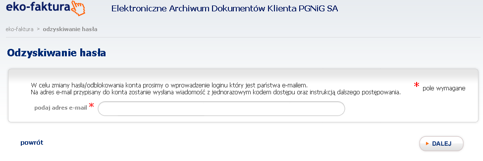 Rysunek 16 Strona startowa systemu link odzyskiwania hasła Następnie zostaniemy przekierowani na stronę odzyskiwania hasła *Rysunek 17+, na którym należy wprowadzid