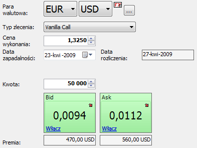 Parametry opcji Long Call Cena wykonania: kurs po jakim będę miał prawo kupić walutę w dniu wygaśnięcia opcji Data zapadalności: dzień, w którym będę mógł