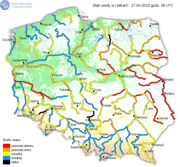 INFORMACJE HYDROLOGICZNO - METEOROLOGICZNE Stan wody na głównych rzekach Polski Prognoza pogody dla Polski Stan wody na wodowskazach w dniu 18.04. na godzinę 06.00 Rzeka Wodowskaz Stan ostrzeg.