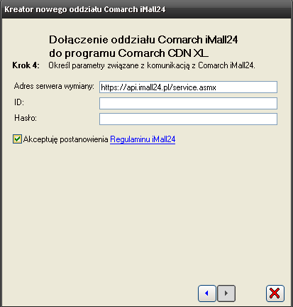 2.1.1.4 Krok 4 Parametry związane z komunikacją z Comarch imall24 W czwartym kroku należy określić następujące parametry: Adres serwera wymiany należy podać adres serwera wymiany, w przypadku imall24