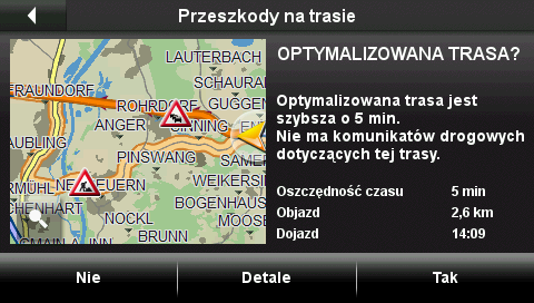 Przedstawia ono wszystkie ważne informacje dotyczące przeszkody na trasie. W dolnej części ekranu, po prawej, widoczna jest ilość i rodzaj przedstawianych komunikatów.