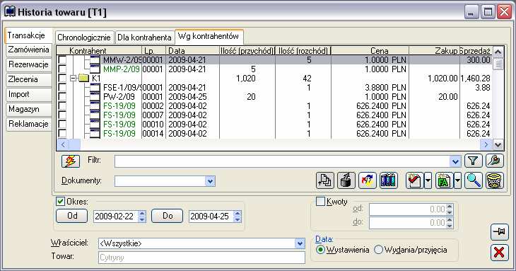 Rys. 2.94 Historia towaru, zakładka: Transakcje/Wg kontrahentów. 2.4.4.2 Historia towaru, zakładka: Zamówienia Rys. 2.95 Historia towaru, zakładka: Zamówienia.