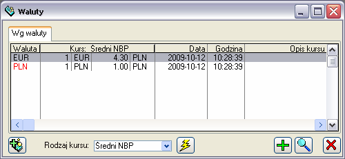 Rys. 2.106 Lista walut. W oknie znajdują się pola i funkcje: [Dodaj kurs] dodaje kurs waluty. Rodzaj kursu w polu moŝna wskazać rodzaj kursu dla którego zostaną wyświetlone waluty.