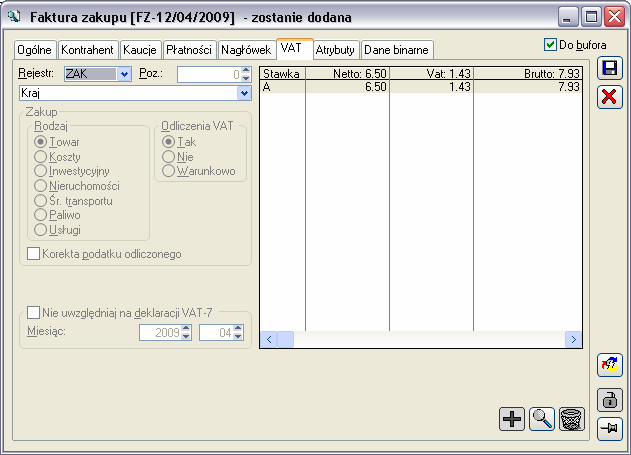 2.12.1.7 Faktura zakupu, zakładka: VAT Rys. 2.184 Faktura zakupu, zakładka: VAT. Rejestr: rejestr VAT, w którym zostanie zapisany dokument.
