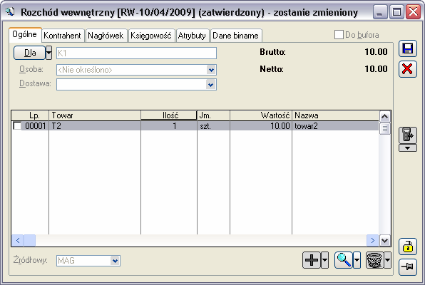 Uwaga: Dokumenty RW i PW, jeŝeli zostały wygenerowane ze zlecenia produkcyjnego, nie będą mogły zostać anulowane po jego zamknięciu. 2.16.1.1 PW/RW, zakładka: Ogólne Rys. 2.217 Rozchód wewnętrzny, zakładka: Ogólne.