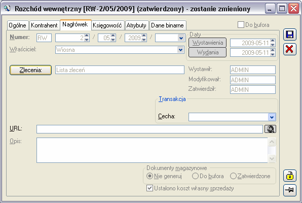 Rys. 2.218 Rozchód wewnętrzny, zakładka: Nagłówek. URL - adres strony internetowej lub dokumentu HTML, zawierających informacje związane z RW.