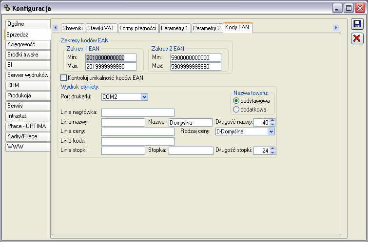 2.2.5 Konfiguracja, zakładka: SprzedaŜ/ Kody EAN Rys. 2.15 Konfiguracja, zakładka: Kody EAN. System generuje kody kreskowe w standardzie EAN/UCC-13. Od wersji 8.