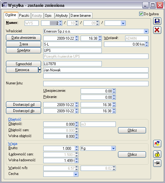 Numer listu - numer zewnętrznego listu przewozowego spedytora. Rys. 2.254 Wysyłka, zakładka: Ogólne. Ubezpieczenie - kwota, na jaką towar jest ubezpieczony, znaczenie informacyjne.