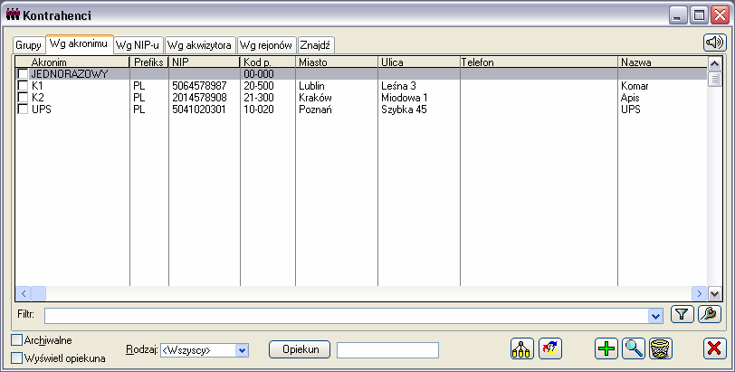 2.3.1.3 Kontrahenci, zakładki: Według Akronimu/Według NIP-u Rys. 2.17 Lista kontrahentów według akronimu. W tych trybach nie jest wyświetlana lista grup i nie są dostępne funkcje dotyczące grup.