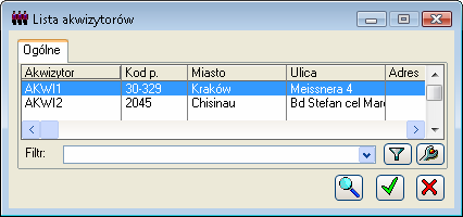 Rys. 2.262 Lista akwizytorów. Z listy akwizytorów, naleŝy wskazać akwizytora i nacisnąć przycisk: [Wybierz]. Wybrany akwizytor zostanie wyświetlony w oknie: Kontrahenci, na zakładce Wg akwizytora.