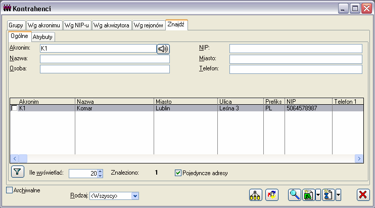 Uwaga2: Do kaŝdego rejonu moŝna przypisać tylko jednego opiekuna. 2.3.1.6 Kontrahenci, zakładka: Znajdź Zakładka: Znajdź/Ogólne Rys. 2.21 Lista kontrahentów, zakładka: Znajdź/Ogólne.