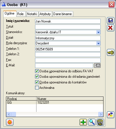 W danych kontrahenta moŝna umieścić informacje o reprezentujących go osobach.