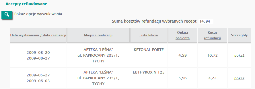 Rys. 12.12 Przykładowe okno Recepty Opcje filtrowania listy Filtry znajdujące się w górnej części listy umożliwiają wyszukiwanie informacji dotyczących wybranych leków.