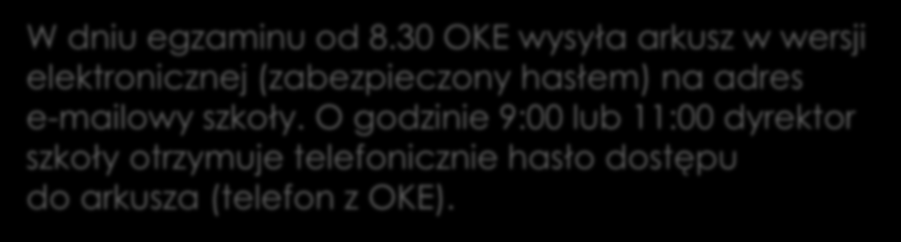 W dniach egzaminu (23, 24, 25 kwietnia) W przypadku braku arkusza (nieprawidłowo złożone zamówienie lub inne sytuacje losowe) dyrektor szkoły powiadamia OKE telefonicznie i e-mailem przez Serwis dla