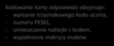 Wypełnia uczeń Kodowanie karty odpowiedzi obejmuje: - wpisanie trzyznakowego kodu ucznia, - numeru PESEL, - umieszczenie naklejki z kodem, -