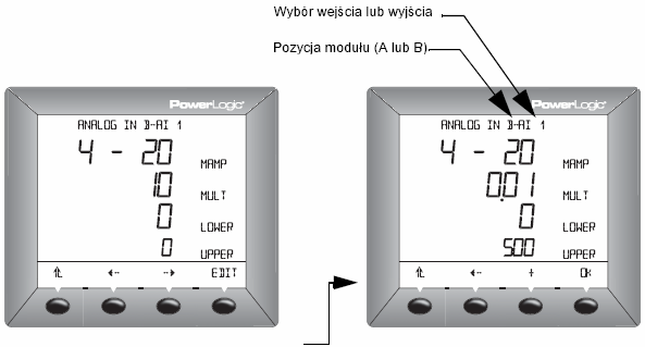 PowerLogic Power Meter - Moduł We/Wy 10/2004 Ekrany konfiguracyjne dla D OUT (wyjścia logiczne) i D IN (wejścia logiczne)