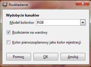 Wybierz Kolory -> Składowe -> Rozłóż Po wykonaniu uzyskujemy trzy warstwy zawierającą składowe RGB obrazu przedstawione w formie odcieni