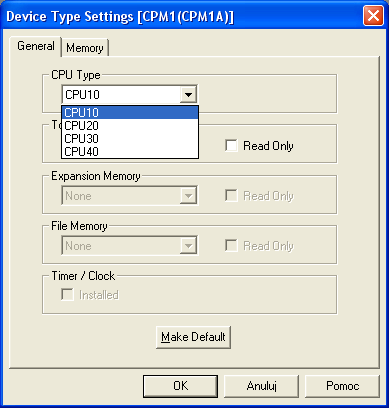 3. Uruchamiamy cx programer. 4. Zakładamy nowy projekt File>>>New. Pole Device name pozostaje bez zmian. W polu Device type wybieramy CPM1(CPM1A) i klikamy Settings (rys. 4) Rys.
