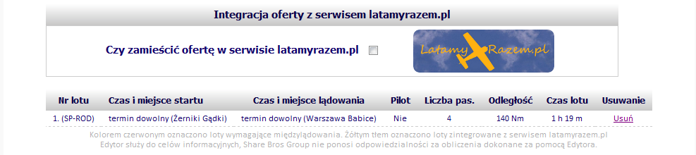 a) Po wprowadzeniu miejsca startu i lądowania system wyznacza najkrótszą trasę łączącą obydwa punkty (niebieska linia). Lot pojawia się na liście po kliknięciu opcji Zapisz.