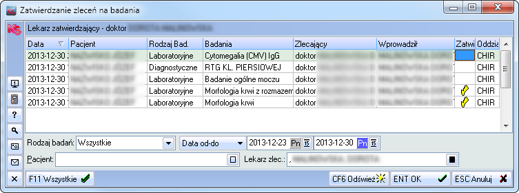 3 Filtrowanie zleceń badań laboratoryjnych i diagnostycznych na formatce umożliwiającej ich zatwierdzanie Dodano filtry na formatce umożliwiających zatwierdzanie