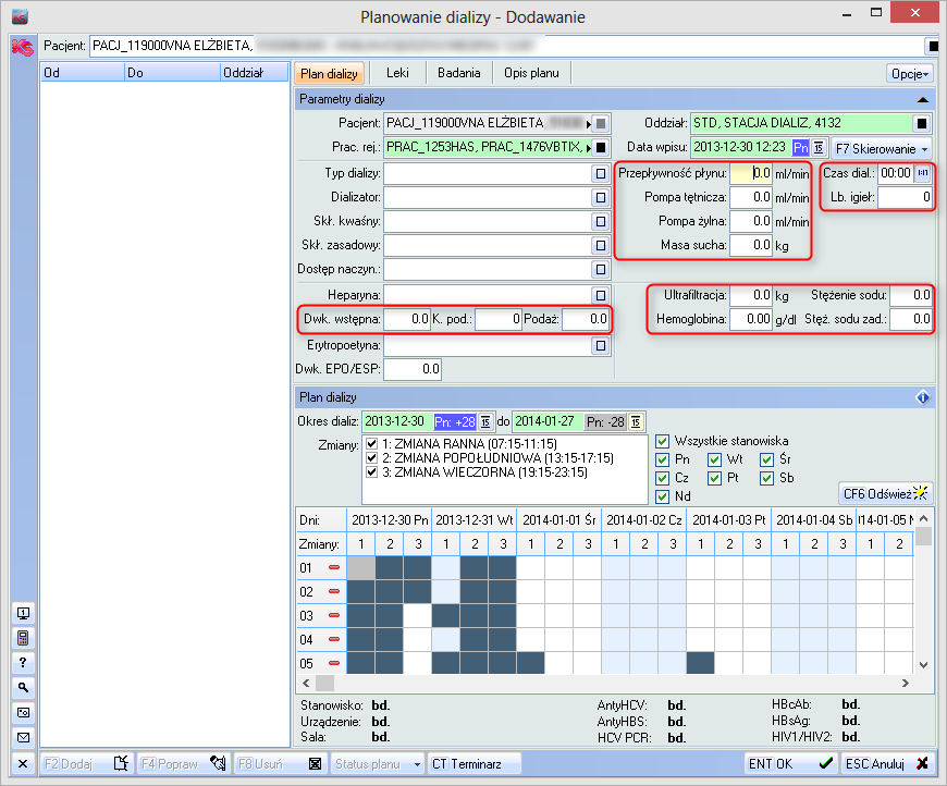 9. Stacja dializ 9.1 Rozszerzono pola edycyjne w oknach planowania oraz rejestracji dializ w module [21] Oddział (stacja dializ). 9.2 Wyświetlanie planu Usprawniono mechanizm wyświetlania siatki zajętości stanowiska dla długoterminowych planów (np.