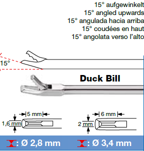 Pytanie 7 Lp. 7 prosimy o dopuszczenie kleszczy typu Duck Bill, delikatnych, prostych, z końcówką podgięta do góry o śr. 2,8 mm wym. szczęk 1,6 x 5 mm, dł. robocza 130 mm względnie o śr 3,4 mm wym.