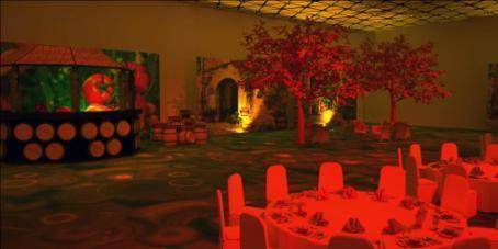 Na komplet scenografii Hiszpańska Winnica dla przestrzeni około 400m2 strefa imprezy i 200m2 strefa chillout składają się następujące elementy: Scena z wydrukiem w tle Filary 6 sztuk