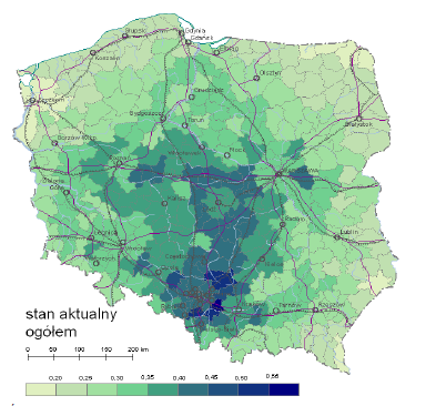 Mapa 8 Zróżnicowanie przestrzenne wartości Wskaźnika Międzygałęziowej Dostępności Transportowej (WMDT) w 2010 r. Źródło: T. Komornicki et. al.