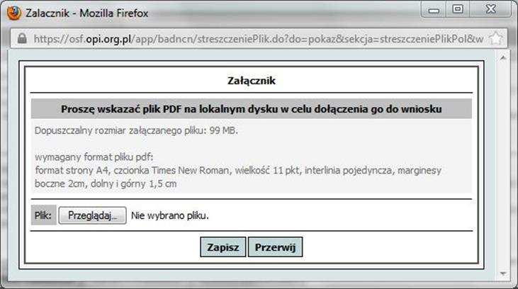 Przygotowany załącznik może mieć max. 99 MB. Tekst powinien być przygotowany w formacie PDF.