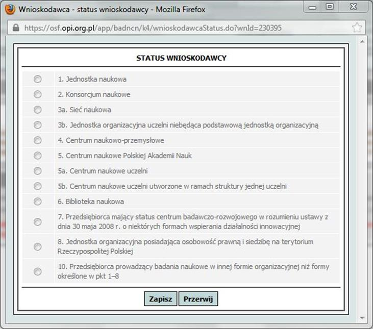 5. WNIOSKODAWCA: WYBIERAMY Z BAZY OPI: Wpisując nazwę jednostki w odpowiednie rubryki, powinniśmy odnaleźć Wydział Filologii Polskiej i Klasycznej, Uniwersytet im.