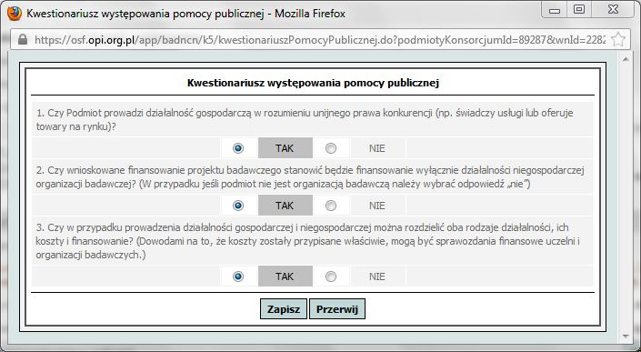 6. Kwestionariusz występowania pomocy publicznej kliknąć EDYTUJ: Oświadczenie trzeba wydrukować i dołączyć do wypełnionego i wydrukowanego wniosku w dwóch egzemplarzach.