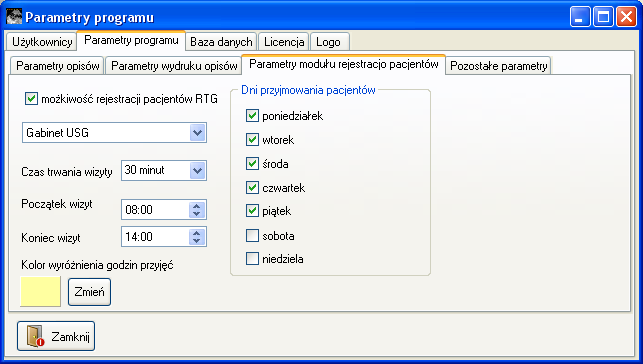 Jeśli na jednej bazie danych pracuje oprócz programu do opisów i statystyki USG również program do opisów i statystyki i opisów RTG, pojawi się pole wyboru możliwość rejestracji pacjentów RTG.