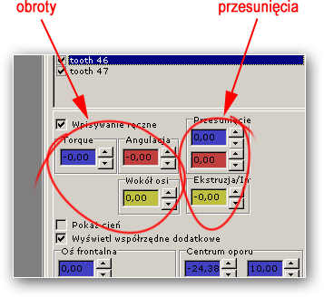 12.5. Przemieszczanie zębów Pola numeryczne związane z obrotami i przesunięciami samego zęba zajmują górną połowę obszaru setupu w zakładce "Podobiekty".