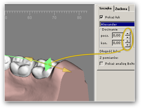 Jeśli długość wirtualnego łuku jest zbyt długa, można ją skracać z obu końców. Służą do tego parametry "Docinanie" ("pocz." i "kon."). Długość wirtualnego łuku pokazywana jest na bieżąco w panelu.