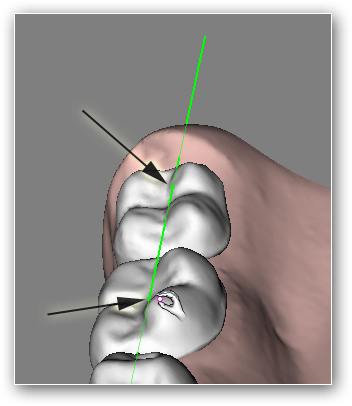 Na poniższym rysunku strzałkami oznaczono punkty, gdzie wcześniej kliknięto aby utworzyć pokazaną prowadnicę. Przytrzymując lewy klawisz myszy można przesuwać punkt ślizgając go po powierzchni modelu.