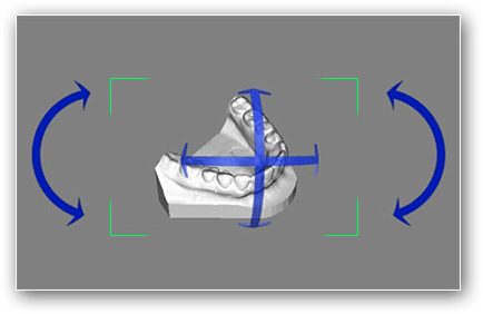 6.2. Obracanie modelu Tryb "Rotacja" umożliwia obracanie modelu wokół wszystkich trzech osi. W trybie tym na ekranie roboczym widoczne są cztery zielone narożniki wyznaczające prostokątny obszar.