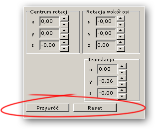 Aby przywrócić początkowe (czyli takie jakie było po załadowaniu modelu) położenie żuchwy należy kliknąć kółko znajdujące się w środku panelu lub wcisnąć przycisk "Przywróć" na zakładce