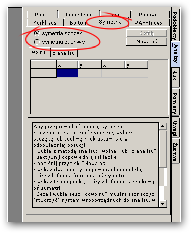 11.5.7. Analiza symetrii Oprócz przedstawionych powyżej wskaźników program O3DM umożliwia także analizę symetrii uzębienia.