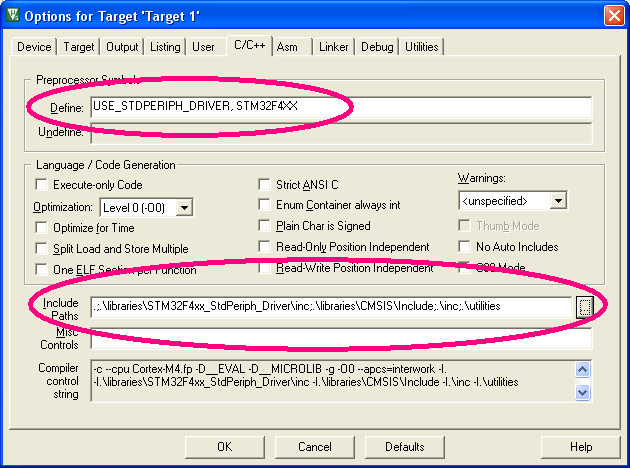 Wybieramy zakładkę C/C++ i w okienku Define należy wpisać USE_STDPERIPH_DRIVER, STM32F4XX Zmuszamy kompilator do wyboru użycia biblioteki do obsługi peryferiów mikrokontrolera.
