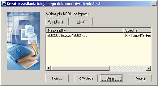 Rysunek 77. Okno: Kreator zasilania inicjalnego krok 2/5 4. Wska plik KEDU lub plik *.kch, w zaleno$ci od wybranej wcze$niej opcji, którym chcesz zasilij bazk danych, i kliknij przycisk Dalej.