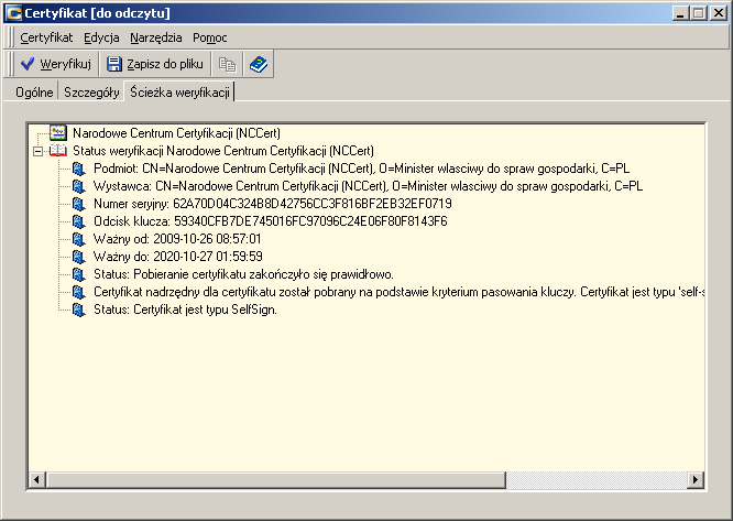 Rysunek 198 Okno Certyfikat (zakadka Ncieka weryfikacji) Informacje znajdujnce sik na zakadce Fcie1ka weryfikacji mona zapisaj do pliku tekstowego.