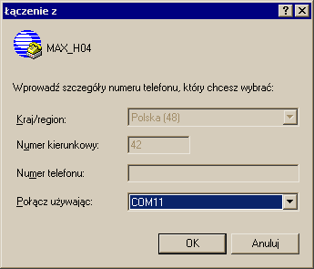 W oknie wyboru Połącz używając: należy wybrad numer portu szeregowego, który został automatycznie przydzielony dla sterownika. Akceptowad przyciskiem OK.
