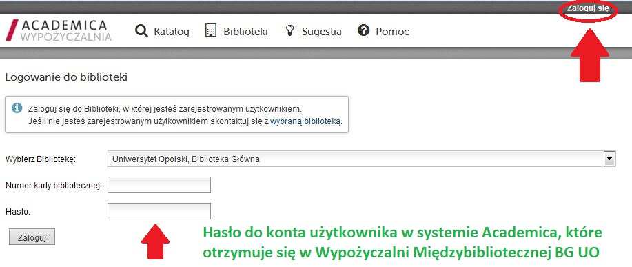PODRĘCZNIK CZYTELNIKA Logowanie Aby móc zalogować się do wypożyczalni systemu Academica, trzeba mieć numer własnej karty bibliotecznej, czyli być zarejestrowanym użytkownikiem Biblioteki Głównej
